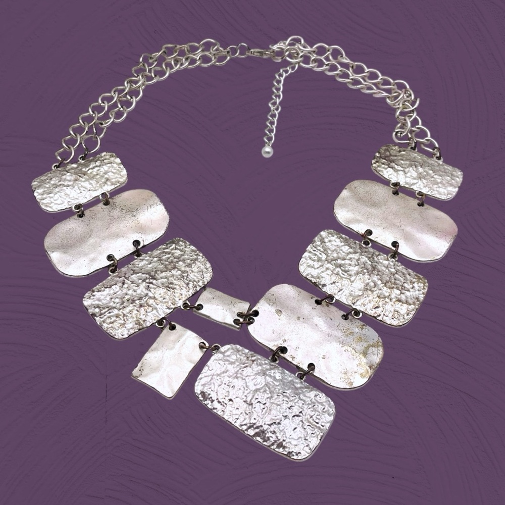 Fab Huge Geometric Matte Silver Tone Statement Necklace Bold Contemporary